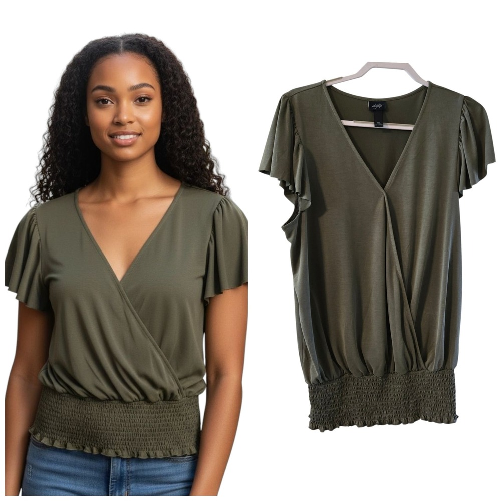 Buckle Daytrip Olive Green Flutter Sleeve V Neck Top Sz XXL